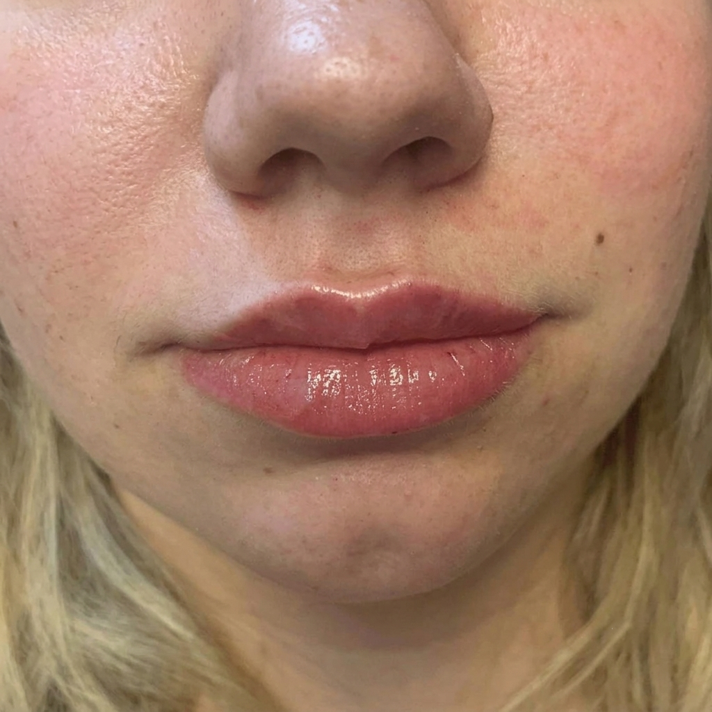 Lips after filler treatment, with more volume and a defined border