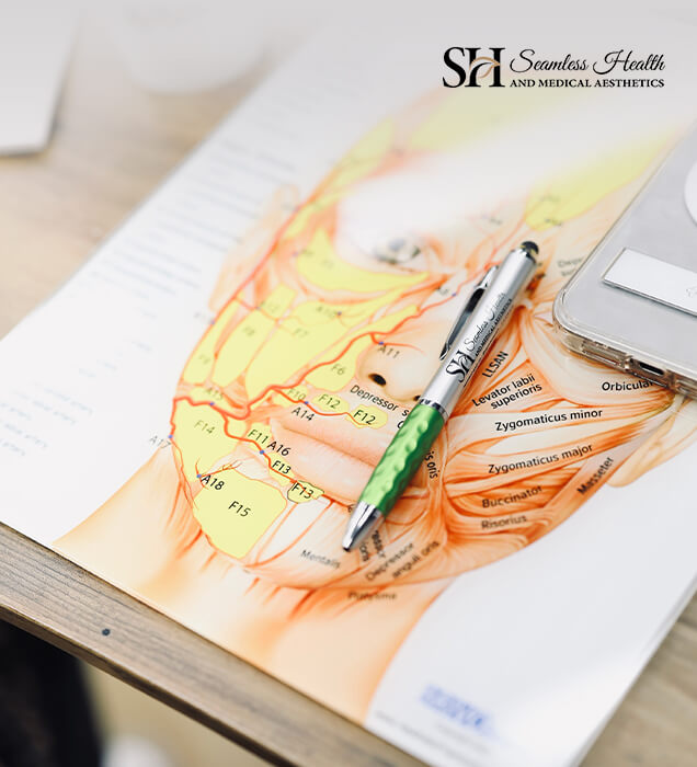 Facial muscle anatomy worksheet with marker pens on a desk during injection training