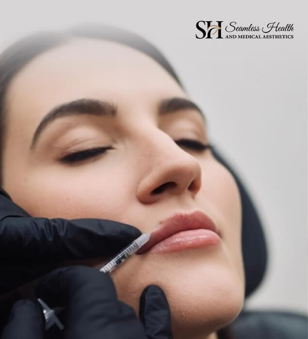 Injector adding dermal filler to a patient's lips