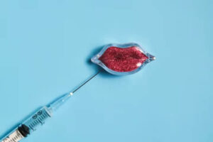 Syringe beside a lip-shaped dish of red glitter